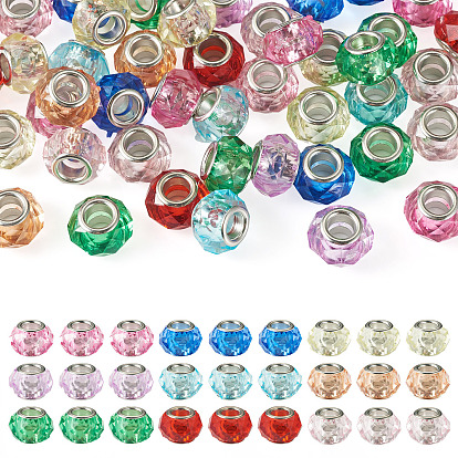 50Pcs Transparent Acrylic European Beads, Large Hole Beads, with Brass Cores, Rondelle, Faceted, Platinum