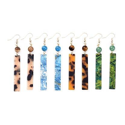 Dangle Earrings, with Gemstone Round Beads, Cellulose Acetate(Resin) Pendants and Real 18K Gold Plated Brass Earring Hooks, Rectangle