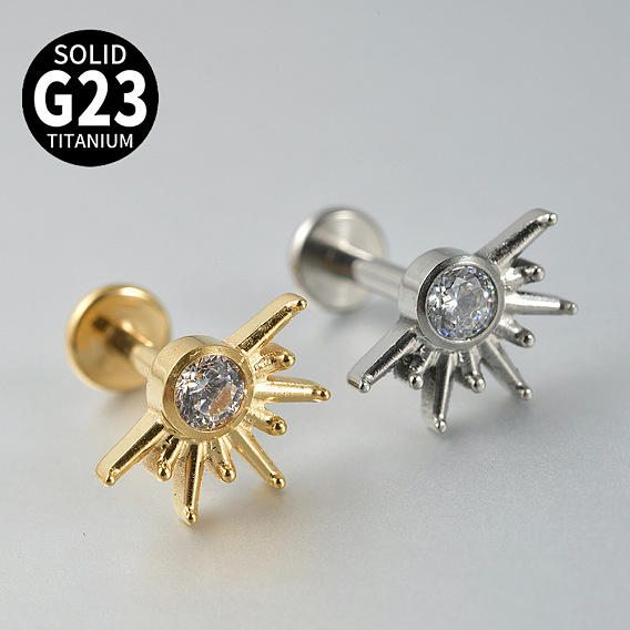 Серьги для хряща уха из титанового сплава с инкрустацией прозрачными кубическими циркониями, солнце