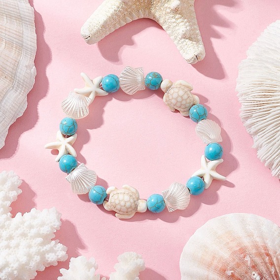 Синтетический бирюзовые бисером браслеты простирания, форма черепахи, морской звезды и ракушки, с abs имитационными жемчужными бусинами 