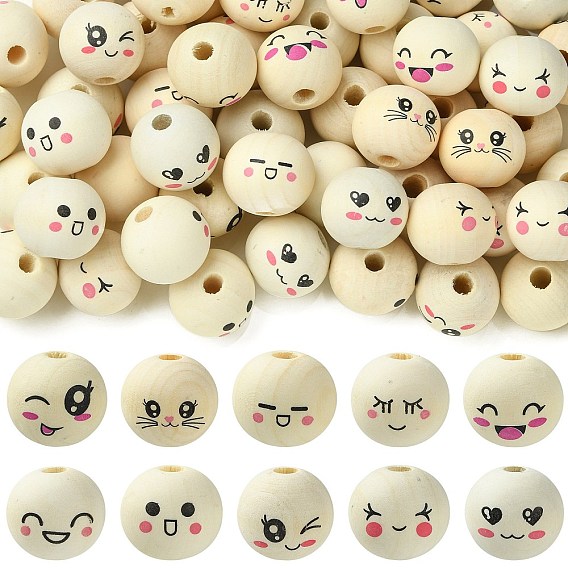 100Pcs Printed Wood European Beads, Round with Smiling Face