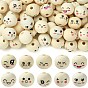 100Pcs Printed Wood European Beads, Round with Smiling Face