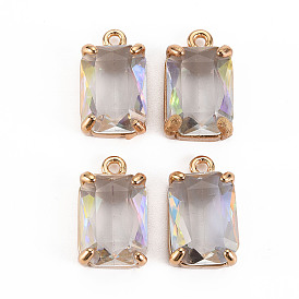 Transparent Glass Pendants, with Brass Prong Settings, Faceted, Rectangle, Light Gold