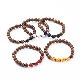 Unisex Wood Beads Stretch Bracelets, with Gemstone Beads, Non-Magnetic Synthetic Hematite Beads