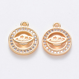 Brass Micro Pave Cubic Zirconia Charms, Nickel Free, Flat Round with Planet, Real 18K Gold Plated