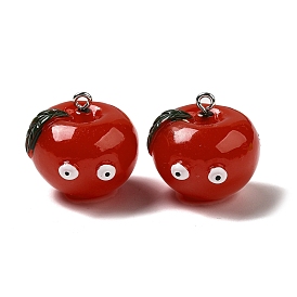 Cartoon Opaque Resin Fruit Pendants, Funny Eye Apple Charms with Platinum Plated Iron Loops
