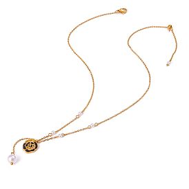 304 подвесные из нержавеющей стали ожерелья, камелия, ионное покрытие (ip), с стеклянные бусы, реальный 18 k позолоченный