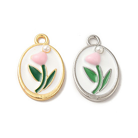 Alloy Enamel Pendants with ABS Plastic Pearl Beaded, Nickle Free, Oval with Flower Charms