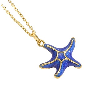 Real 14K Gold Plated Brass Enamel Pendant Necklace, Ocean Theme Starfish Spiral Shell Jewelry for Women