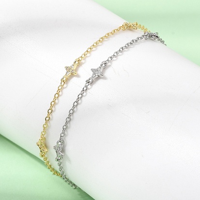 Brass Micro Pave Clear Cubic Zirconia Star Link Chain Bracelets, Long-Lasting Plated, Rack Plating, Lead Free & Cadmium Free