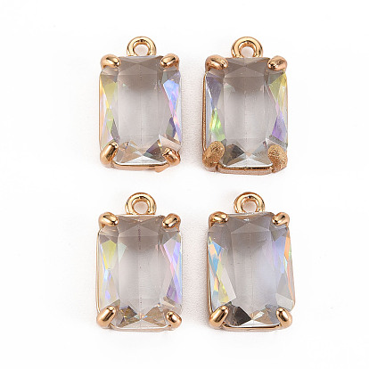 Transparent Glass Pendants, with Brass Prong Settings, Faceted, Rectangle, Light Gold