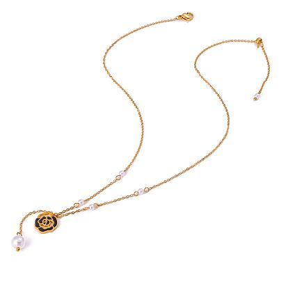 304 подвесные из нержавеющей стали ожерелья, камелия, ионное покрытие (ip), с стеклянные бусы, реальный 18 k позолоченный