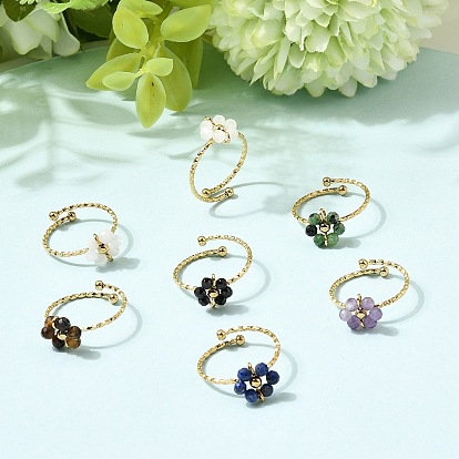 Регулируемые 304 открытые кольца-манжеты из нержавеющей стали с драгоценными камнями, цветок, ионное покрытие (ip), реальный 18 k позолоченный