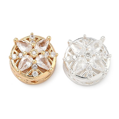 Латунные звенья с инкрустацией прозрачным кубическим цирконием, плоские круглые с цветком