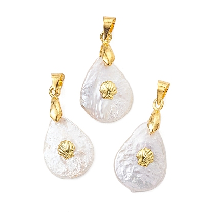 Подвески из натурального барочного жемчуга кеши, Подвески в форме капли с фрагментом в форме раковины из сплава., белые