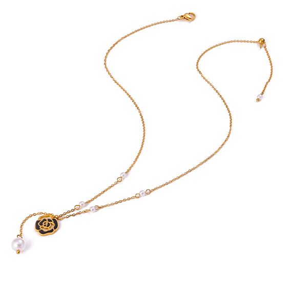 304 подвесные из нержавеющей стали ожерелья, камелия, ионное покрытие (ip), с стеклянные бусы, реальный 18 k позолоченный