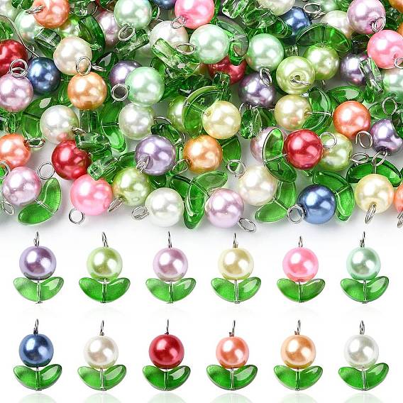 120шт 12 цвета перламутровые стеклянные жемчужные бусины подвески, цветок подвески, с 304 штифтами с плоской головкой из нержавеющей стали