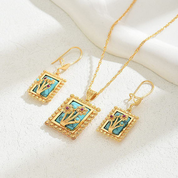 Комплект из серег и ожерелий с подвесками в форме прямоугольника из искусственной бирюзы в стиле бохо, латунь ювелирные наборы для женщин