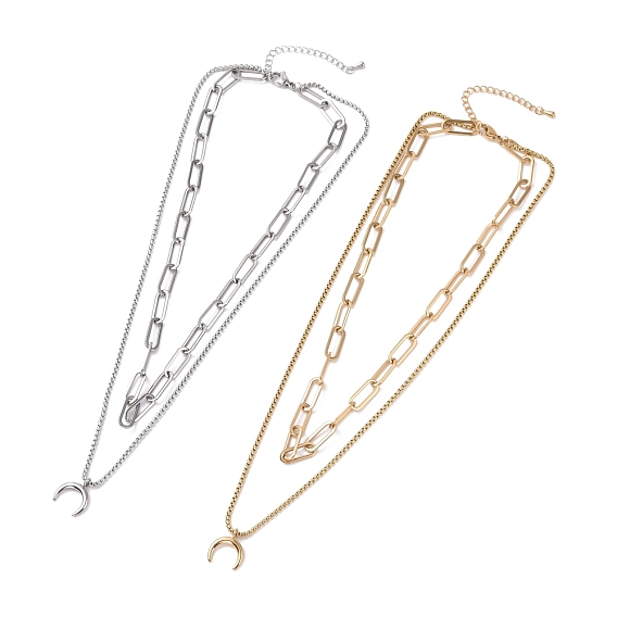 304 Stainless Steel Double Chains Multi Layered Necklace with Crescent Moon Charm for Women