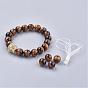 Personalized Men's Grade A Tiger Eye Beads Stretch Bracelets, with Brass Micro Pave Cubic Zirconia Leopard Head Beads