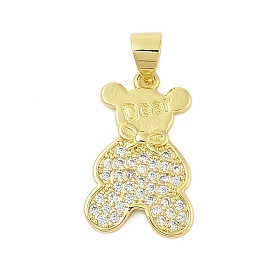 Rack Plating Brass Micro Pave Cubic Zirconia Pendants, Long-Lasting Plated, Lead Free & Cadmium Free, Bear