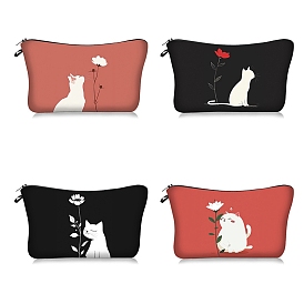 Funny Flower Cat Print Polyester Cosmetic Zipper Pouches, Waterproof Clutch Bag, Toilet Bag for Women