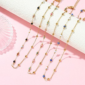 Ожерелья ручной работы из звеньевых цепочек с гранеными круглыми бусинами из смеси натуральных и синтетических драгоценных камней, с цепочками из нержавеющей стали.