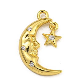 Rack Plating Brass Micro Pave Cubic Zirconia Pendants, Long-Lasting Plated, Moon with Star