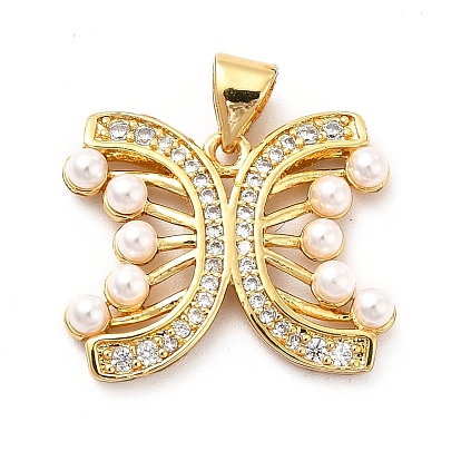 Brass Micro Pave Clear Cubic Zirconia Pendants, with ABS Plastic Imitation Pearl, Real 18K Gold Plated, Double Letter C Charm