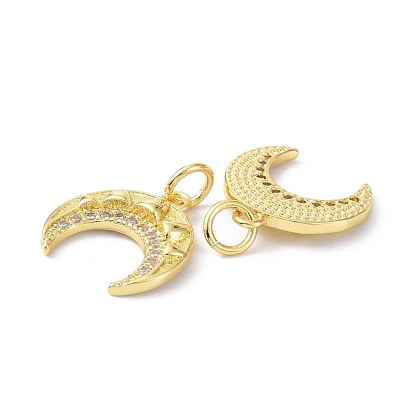 Brass Micro Pave Cubic Zirconia Charms, with Jump Ring, Long-Lasting Plated, Lead Free & Cadmium Free, Double Horn/Crescent Moon