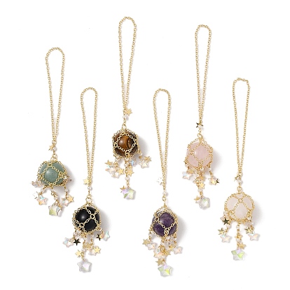 Natural Gemstone with Rack Plating Brass Pendants Decorations, Plastic Imitation Pearl and Glass Beads, Cadmium Free & Lead Free, Round