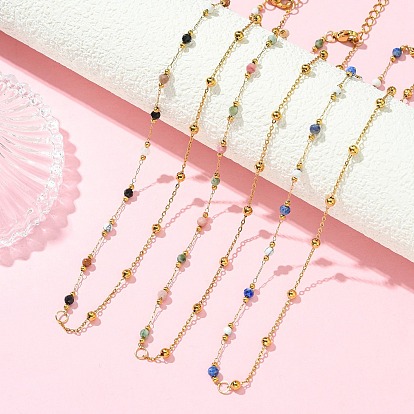 Ожерелья ручной работы из звеньевых цепочек с гранеными круглыми бусинами из смеси натуральных и синтетических драгоценных камней, с цепочками из нержавеющей стали.