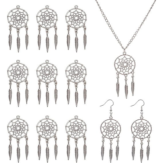 Tibetan Style Alloy Pendants, Woven Net/Web with Feather