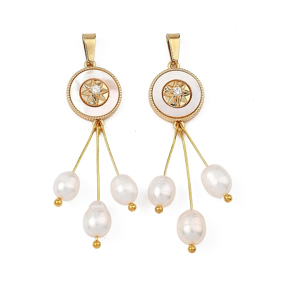 Natural Cultured Freshwater Pearl Rice Tassel Pendants, Brass Micro Pave Clear Cubic Zirconia and Natural Shell Flat Round Charms, White