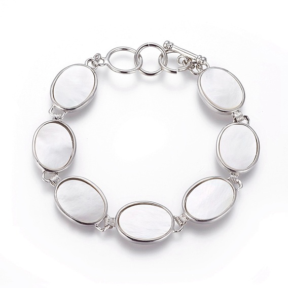 Shell Beaded Bracelets, with Brass Findings and Toggle Clasps, Oval