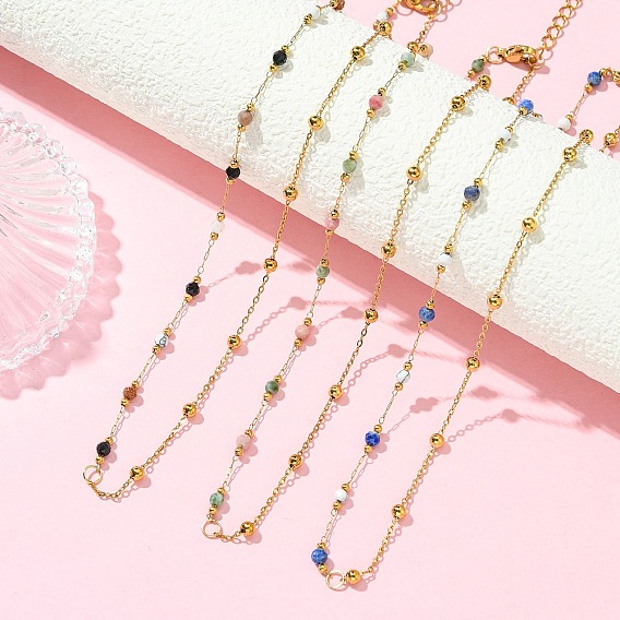 Ожерелья ручной работы из звеньевых цепочек с гранеными круглыми бусинами из смеси натуральных и синтетических драгоценных камней, с цепочками из нержавеющей стали.