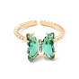 K9 Glass Butterfly Open Cuff Ring, Light Gold Brass Jewelry for Women