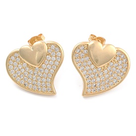 Brass Pave Cubic Zirconia Finger Stud Earrings, Heart, Golden