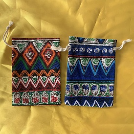 Ethnic Style Cotton Jewelry Packing Pouches, Rectangle Drawstring Bags