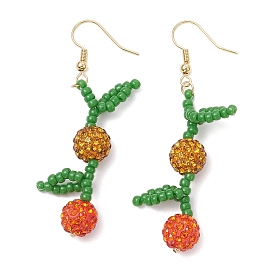Fruit Pave Disco Ball Beads Dangle Earrings, with Solid Round Brass Beads and Brass Earring Hooks and MIYUKI Round Rocailles Beads, Golden