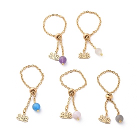 Anneaux réglables en acier inoxydable 304, anneaux coulissants, avec des perles naturelles de pierres précieuses, fleur de lotus, or