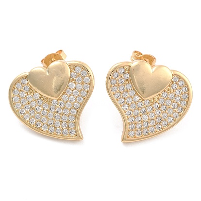 Brass Pave Cubic Zirconia Stud Earrings, Heart, Golden