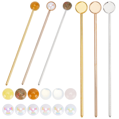 Accesorio para el cabello de bricolaje, con hallazgos de palo de pelo de latón 6 piezas, 6piezas cabujones acrílicos y 6piezas piedra natural y sintética, plano y redondo