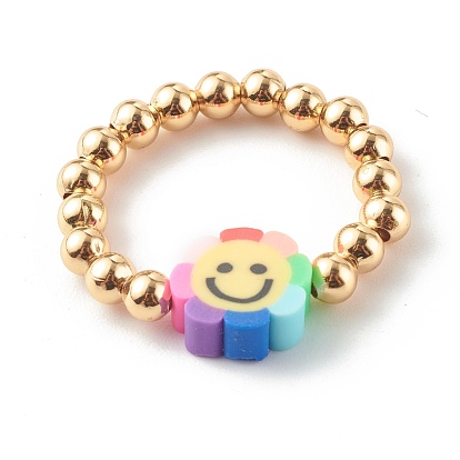 Anneaux extensibles en laiton, avec des perles en pâte polymère faites à la main et du fil de cristal élastique, fleur avec le sourire