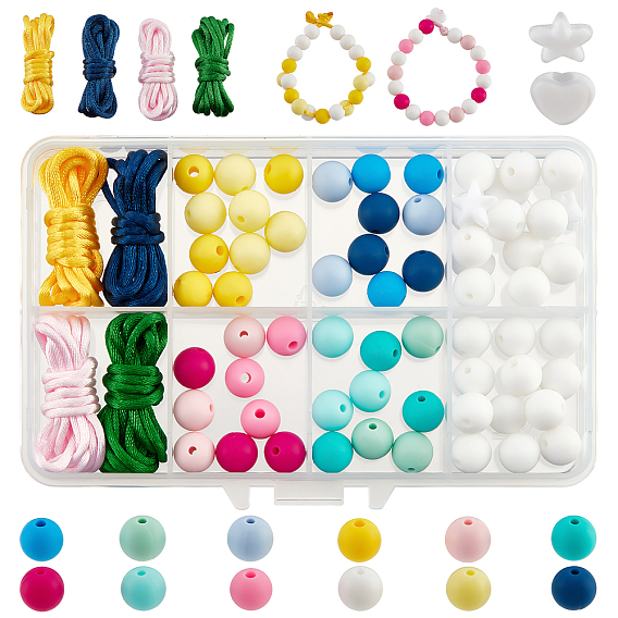 DIY Bead Braided Bracelet Making Kit, Including Food Grade Silicone Round Beads, Nylon Thread, PVC Plastic Star & Heart Cord Lock