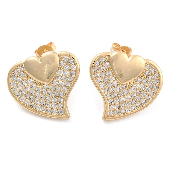 Brass Pave Cubic Zirconia Stud Earrings, Heart, Golden