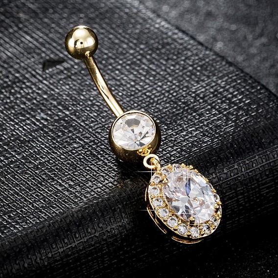 Пирсинг украшения, латунное кольцо пупка с фианитом, кольца живота, со штангой из хирургической нержавеющей стали, без кадмия и без свинца, овальные