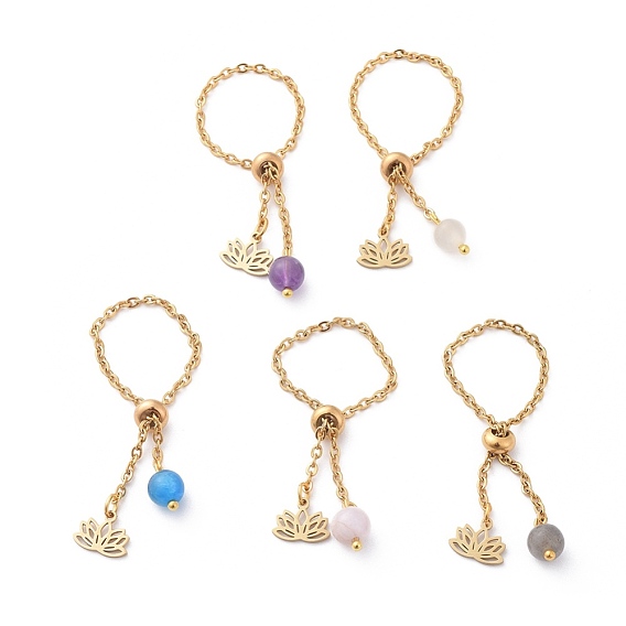 Einstellbare Fingerringe aus 304 Edelstahl, Schieberegler Ringe, mit natürlichen Edelstein Perlen, Lotosblume, golden