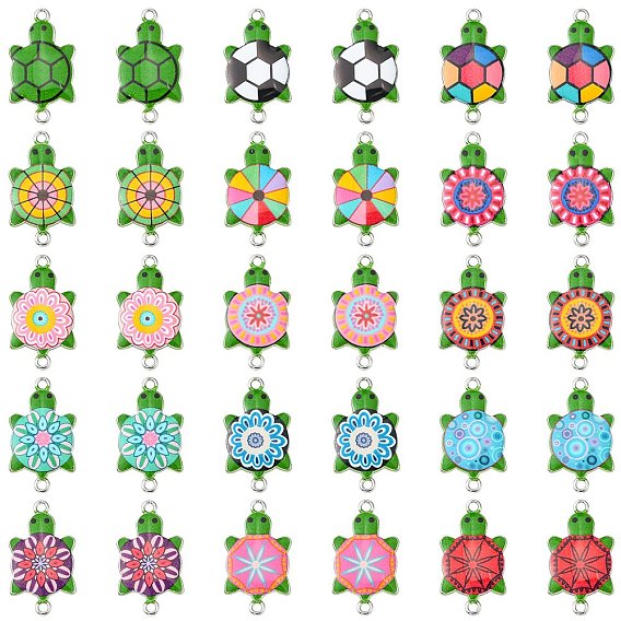 60Pcs 15 Styles Alloy Enamel Connector Charms, Tortoise Links with Flower & Round & Football Pattern, Platinum