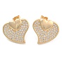 Brass Pave Cubic Zirconia Stud Earrings, Heart, Golden